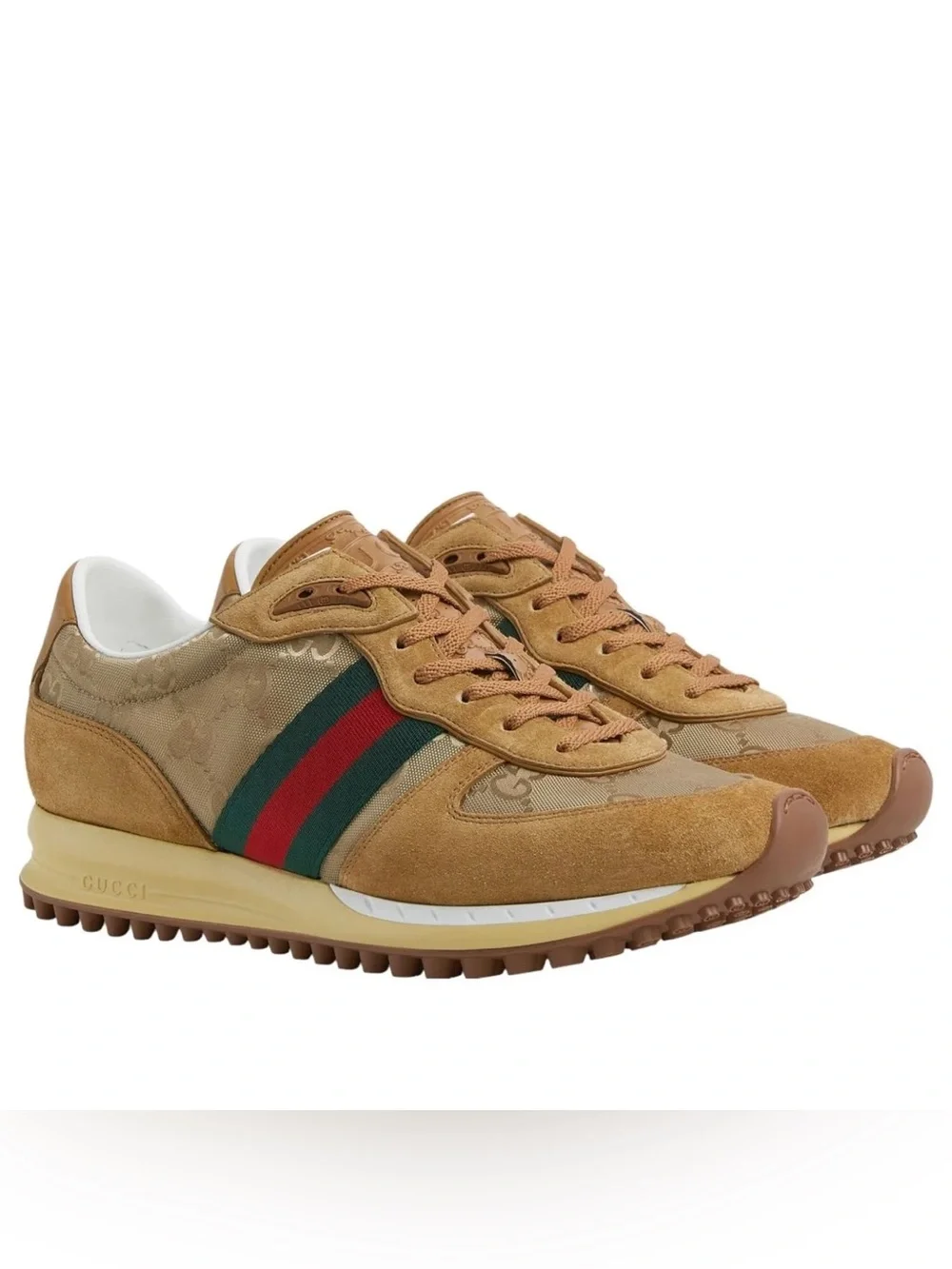Gucci Men’s Tan Suede & Beige Monogram Sneakers with Green-Red Web Stripe